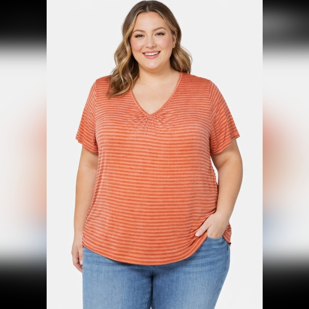NWOT JACLYN SMITH Womens 1X V-Neck Short Sleeve Slinky Stripes Orange Tee Top